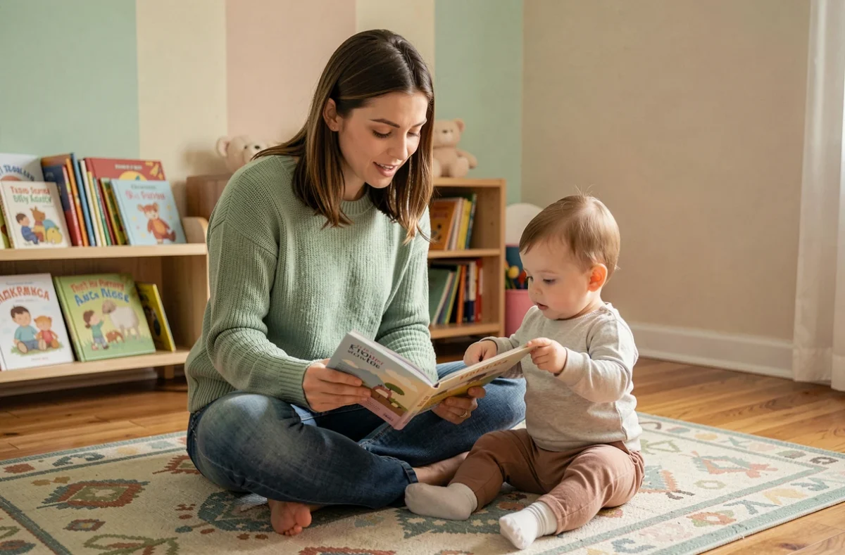 Mère lisant un livre à son bébé éveillé et attentif, stimulation intellectuelle précoce en nurserie