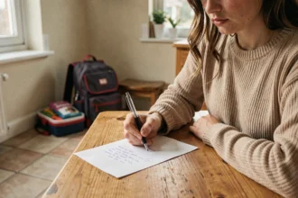 Mère écrivant un mot d'absence scolaire pour justifier l'absence de son enfant à l'école