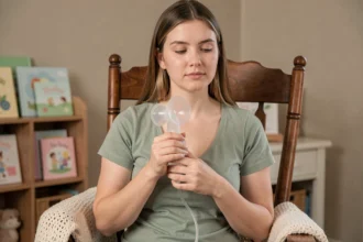 Jeune mère utilisant un tire-lait manuel dans une chambre de bébé cosy et lumineuse