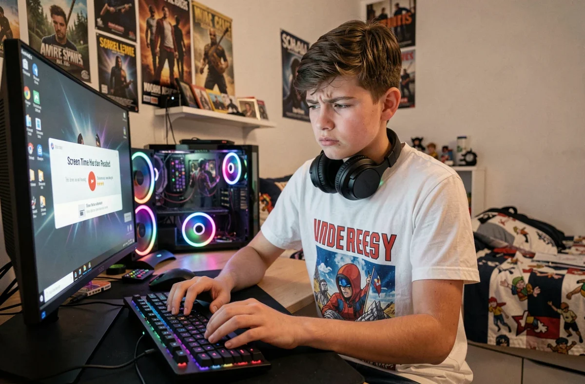 Adolescent face à une notification de limite de temps atteinte sur un PC gamer dans sa chambre