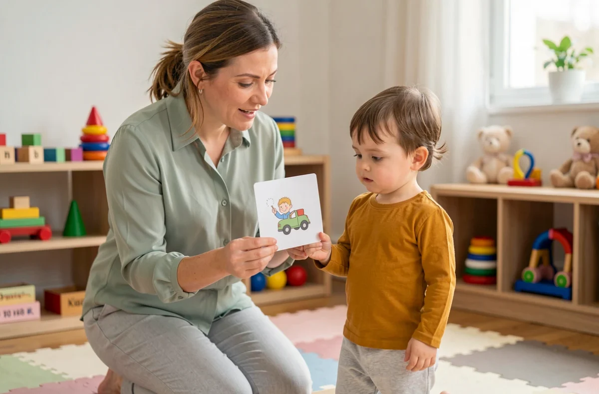 Orthophoniste travaillant avec un enfant de 3 ans dans une salle de thérapie pédiatrique colorée