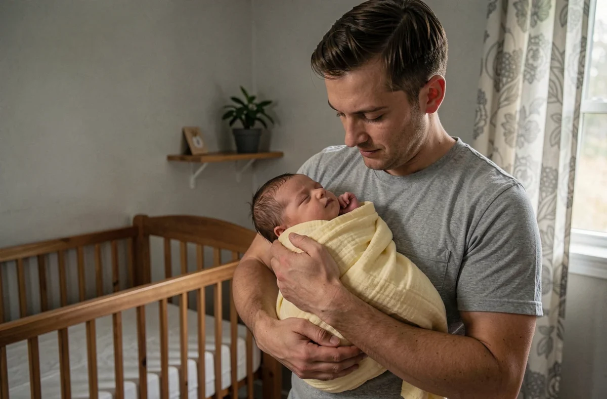 Papa tenant son nouveau-né endormi après le bain dans les bras dans une chambre de bébé