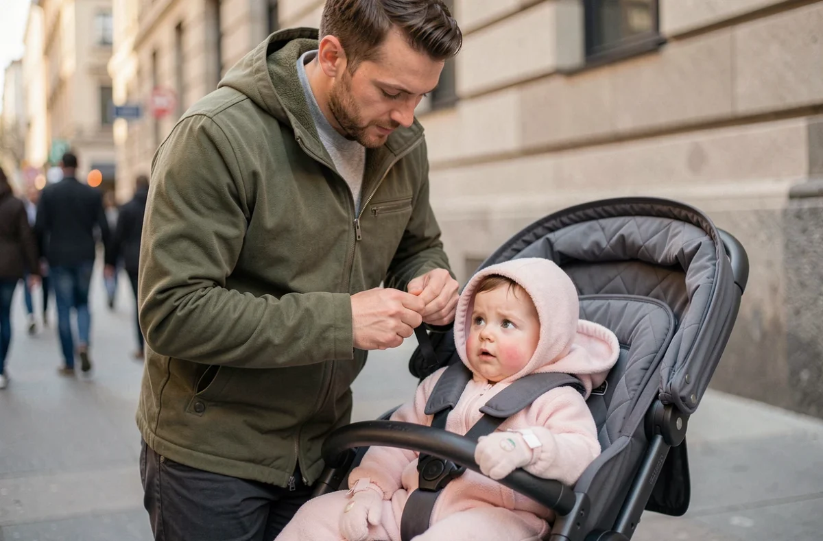 Papa habillant sa fille en combinaison polaire rose dans une poussette en ville avant d'aller à la crèche