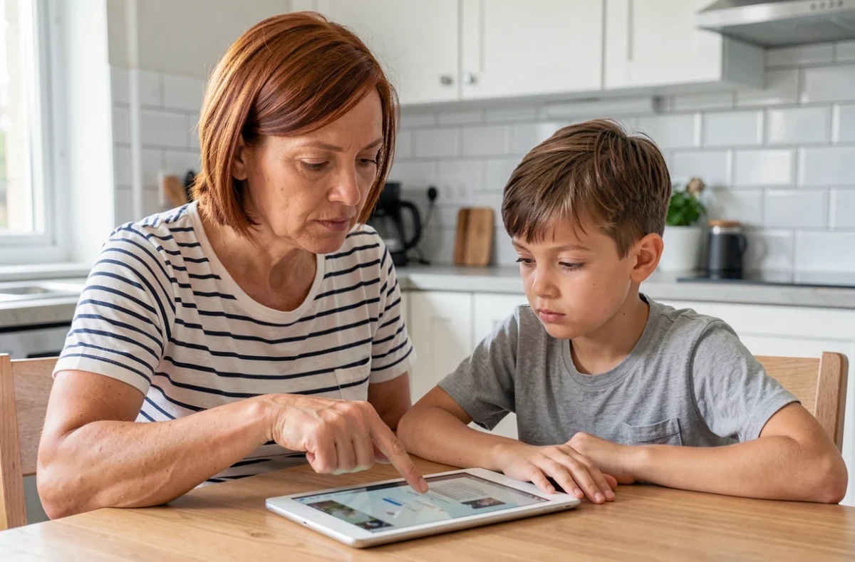Mère expliquant les dangers d'Internet à son fils devant une tablette numérique dans la cuisine familiale, concept de contrôle parental