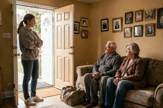 Jeune adulte confrontée à ses parents dans le salon familial avec un sac de voyage posé au sol, symbolisant une expulsion du domicile familial