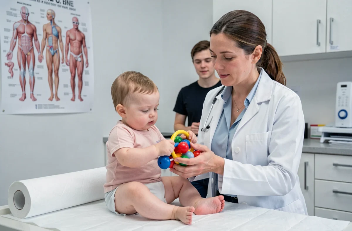 Pédiatre évaluant le développement moteur d'un bébé de 10 mois lors d'une consultation médicale