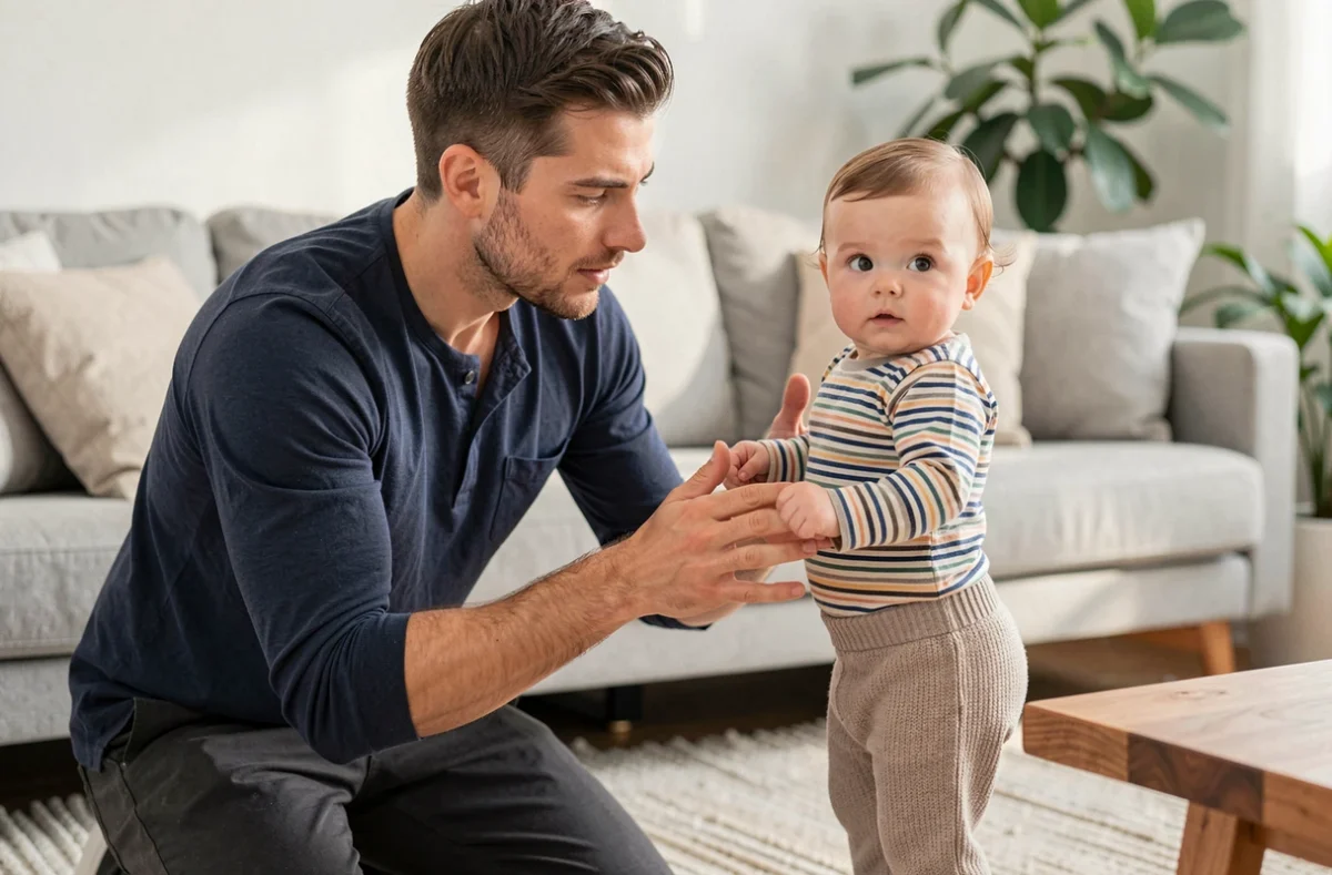 Père attentif regardant son bébé de 12 mois tenter de se mettre debout en s'appuyant sur une table basse