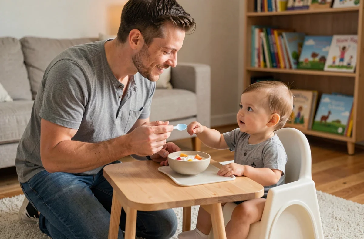 Père donnant le repas à son bébé de 8 mois dans un salon cosy, moment de complicité autour de la diversification alimentaire