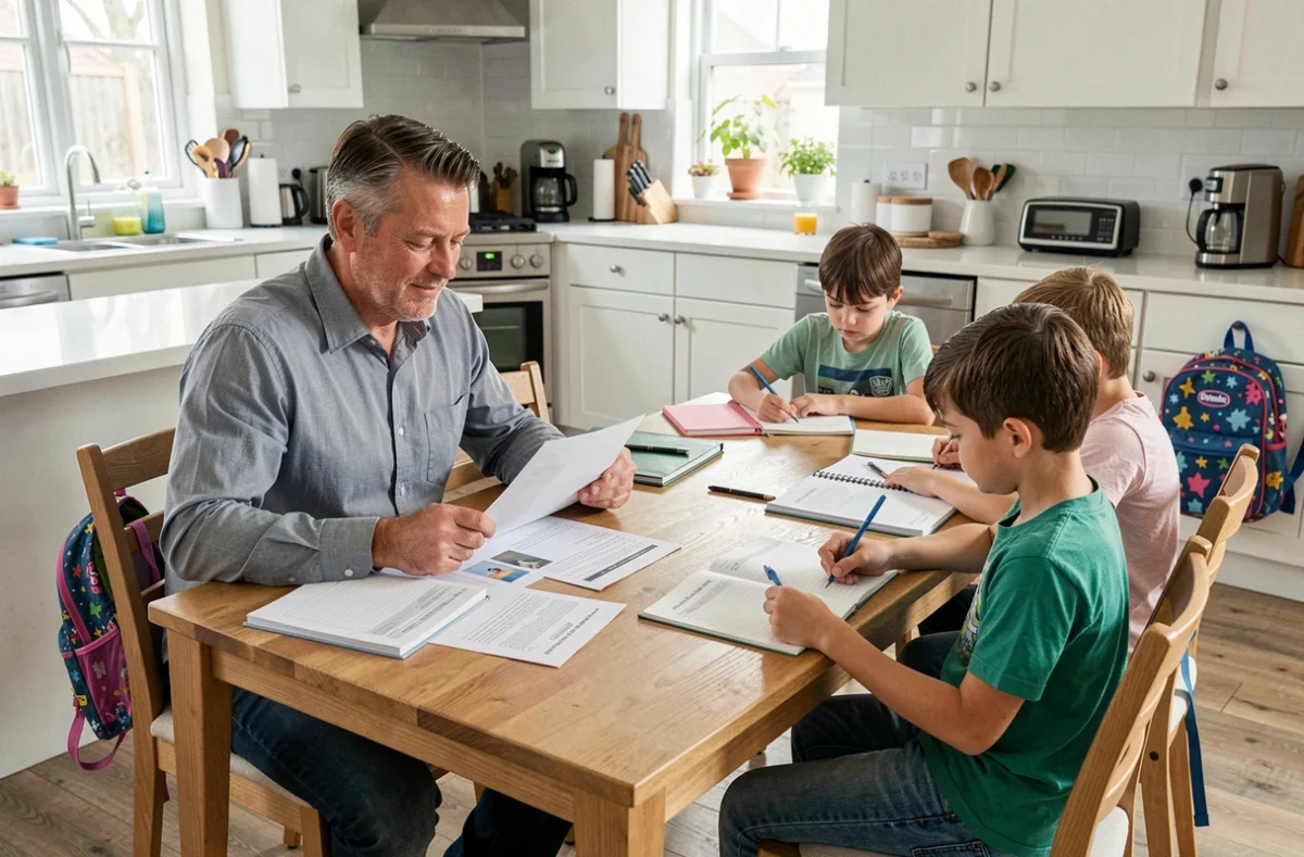 Père travaillant à la table de cuisine pendant que ses enfants font leurs devoirs, représentant la cohabitation entre obligations professionnelles et responsabilités familiales