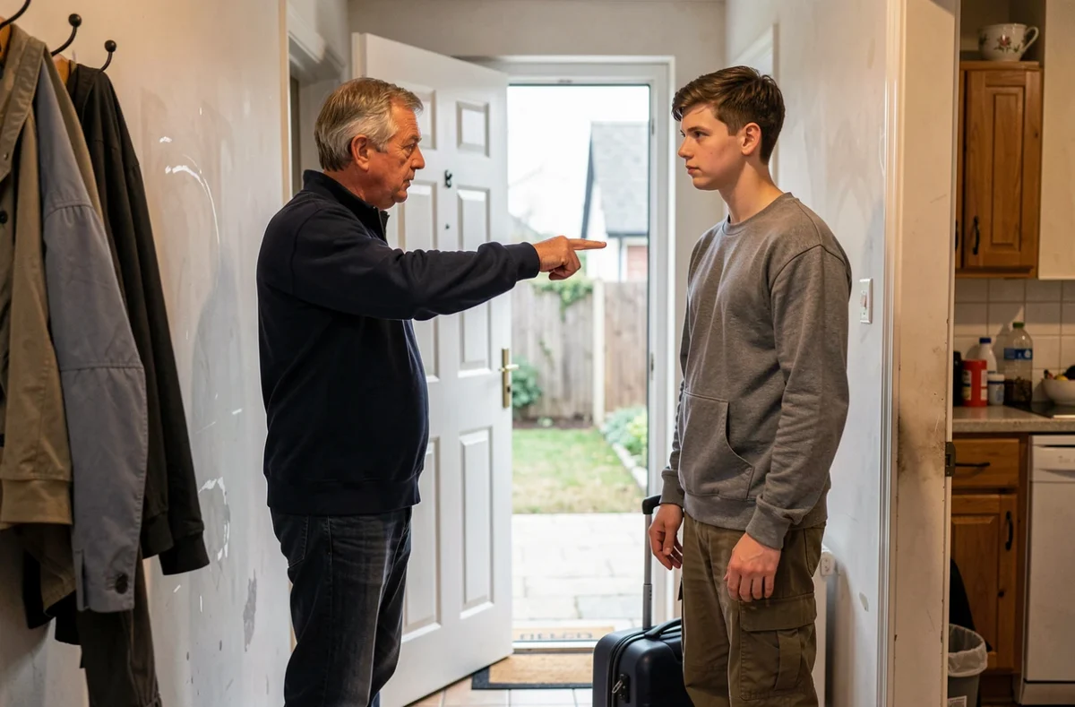 Père indiquant la sortie à son fils adulte dans le couloir de la maison familiale avec une valise prête à partir