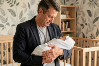 Un père tenant tendrement son nouveau-né dans une chambre de bébé moderne, illustrant le thème du prénom du bébé d'Elon Musk