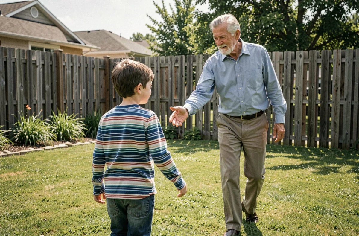Jeune garçon s'éloignant de son grand-père dans un jardin, illustrant la distance émotionnelle entre générations