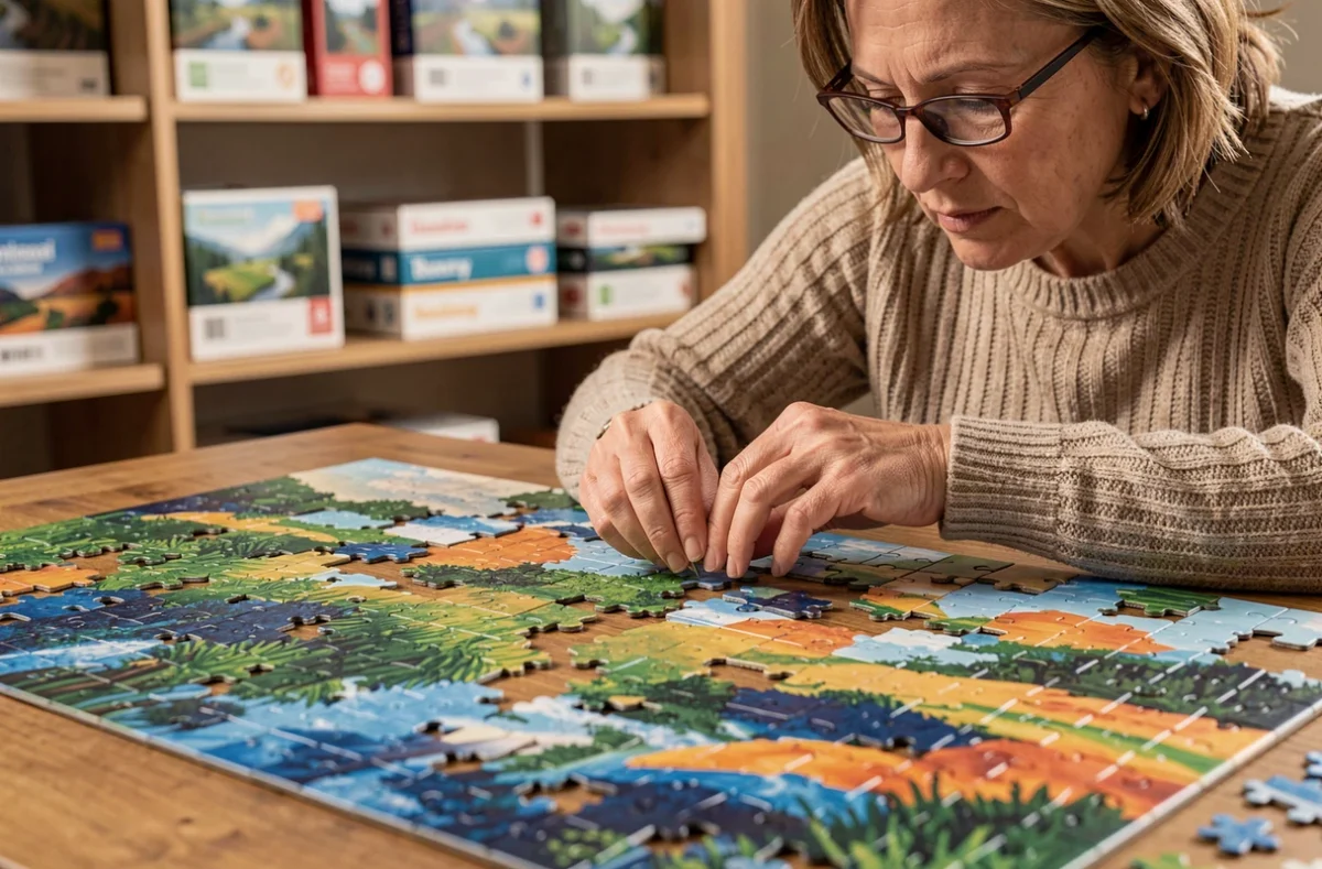 Femme examinant des pièces de puzzle colorées sur une table en bois, entourée de boîtes de puzzles sur des étagères