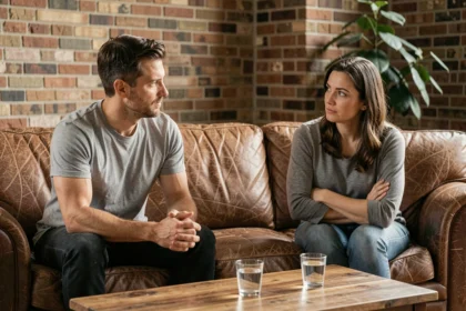 Couple assis dans un salon après une dispute, l'homme fait le premier geste de réconciliation