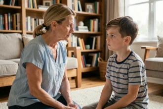 Mère discutant calmement avec son fils de 8 ans dans un salon chaleureux, illustration d'une punition éducative bienveillante