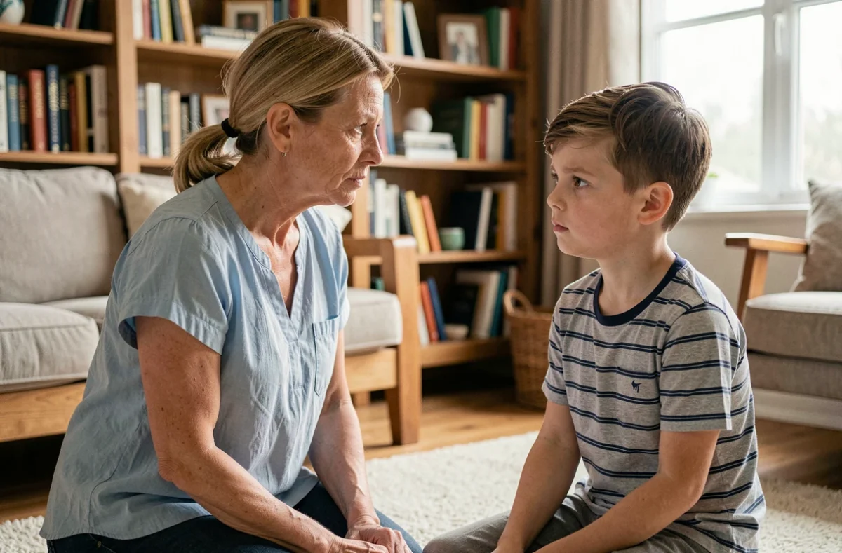 Mère discutant calmement avec son fils de 8 ans dans un salon chaleureux, illustration d'une punition éducative bienveillante