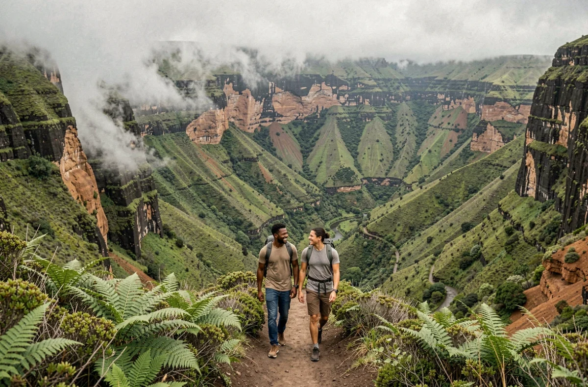 Couple de randonneurs dans le Cirque de Cilaos à La Réunion sur un sentier balisé de montagne