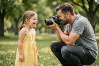 Photographe professionnel recadrant un portrait d'enfant en extérieur dans un parc verdoyant