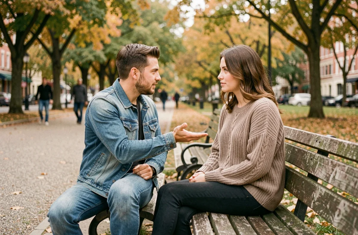 Deux amis sur un banc de parc en automne, l'un tendant la main pour se réconcilier après une dispute