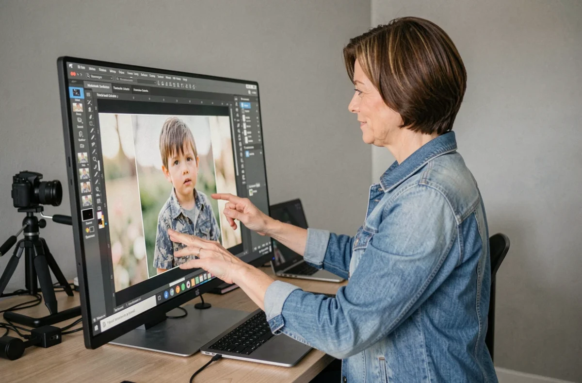 Photographe retouchant et recadrant une photo d'enfant sur ordinateur en studio professionnel