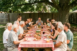 Grande réunion de famille multigénérationnelle autour d'une table en bois dans un jardin, avec environ quinze personnes de tous âges partageant un repas