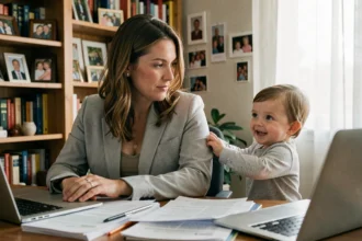 Mère en télétravail à son bureau à domicile avec son enfant en bas âge qui réclame son attention, illustrant l'équilibre entre vie professionnelle et vie familiale