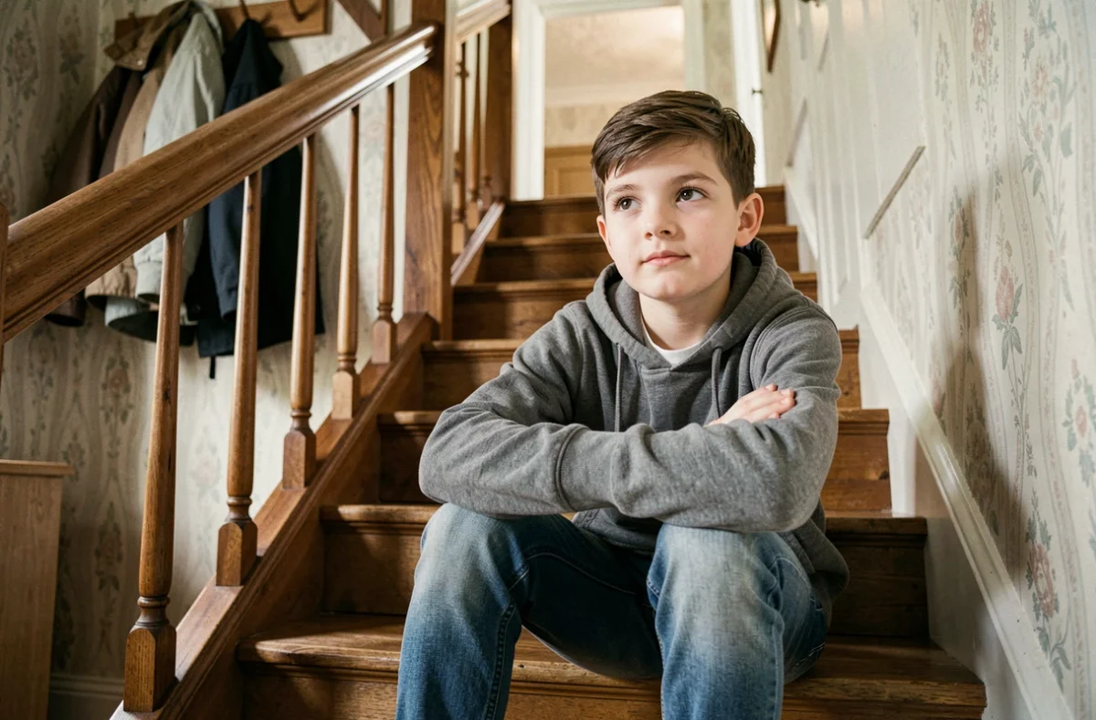 Jeune garçon assis seul sur les marches d'un escalier en période de réflexion, illustration du temps calme comme méthode de discipline douce