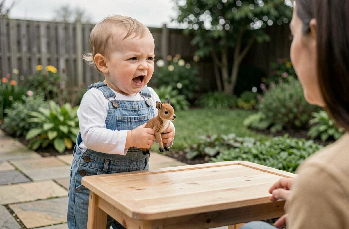 Enfant de 20 mois tenant un jouet et vocalisant des mots sur une terrasse de jardin