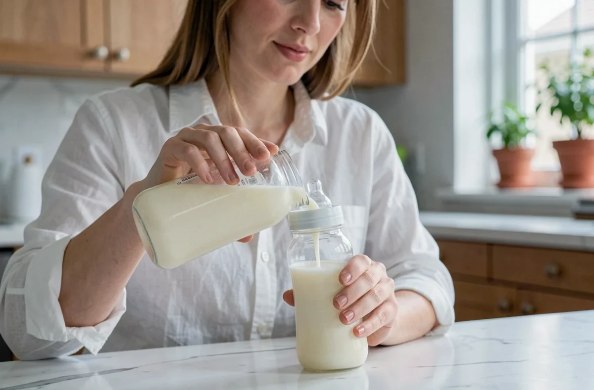Mère versant du lait maternel tiré dans un biberon sur un plan de travail de cuisine