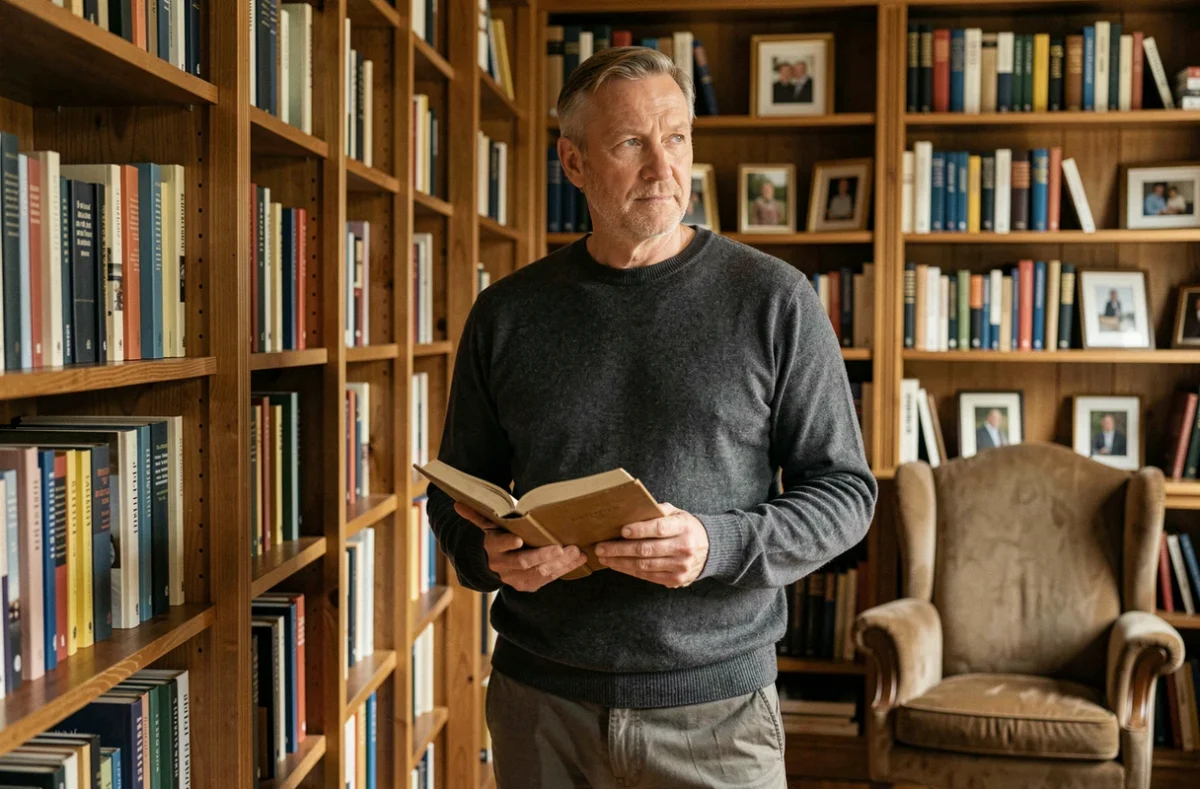 Homme réfléchi debout dans une bibliothèque personnelle, symbolisant la vie privée, la culture familiale et la lutte contre les fausses informations