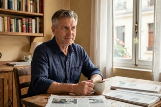 Homme d'âge mûr assis dans un appartement parisien, illustrant la vie privée et familiale dans un cadre intime et authentique
