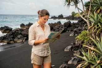 Voyageuse explorant la plage de sable noir volcanique à La Réunion avec une carte en main